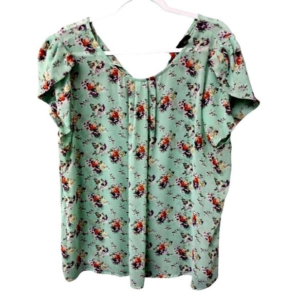 Zenobia XXXL Floral Print Blouse Green & Multicolor Short Sleeve Polyester - Picture 1 of 6